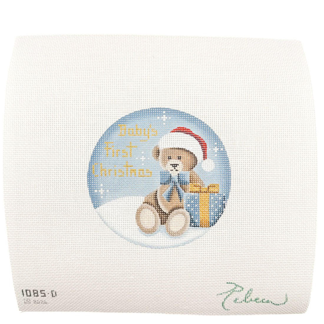 Babies First, Boy Teddy needlepoint canvas by Rebecca Wood, 18 mesh

4" round