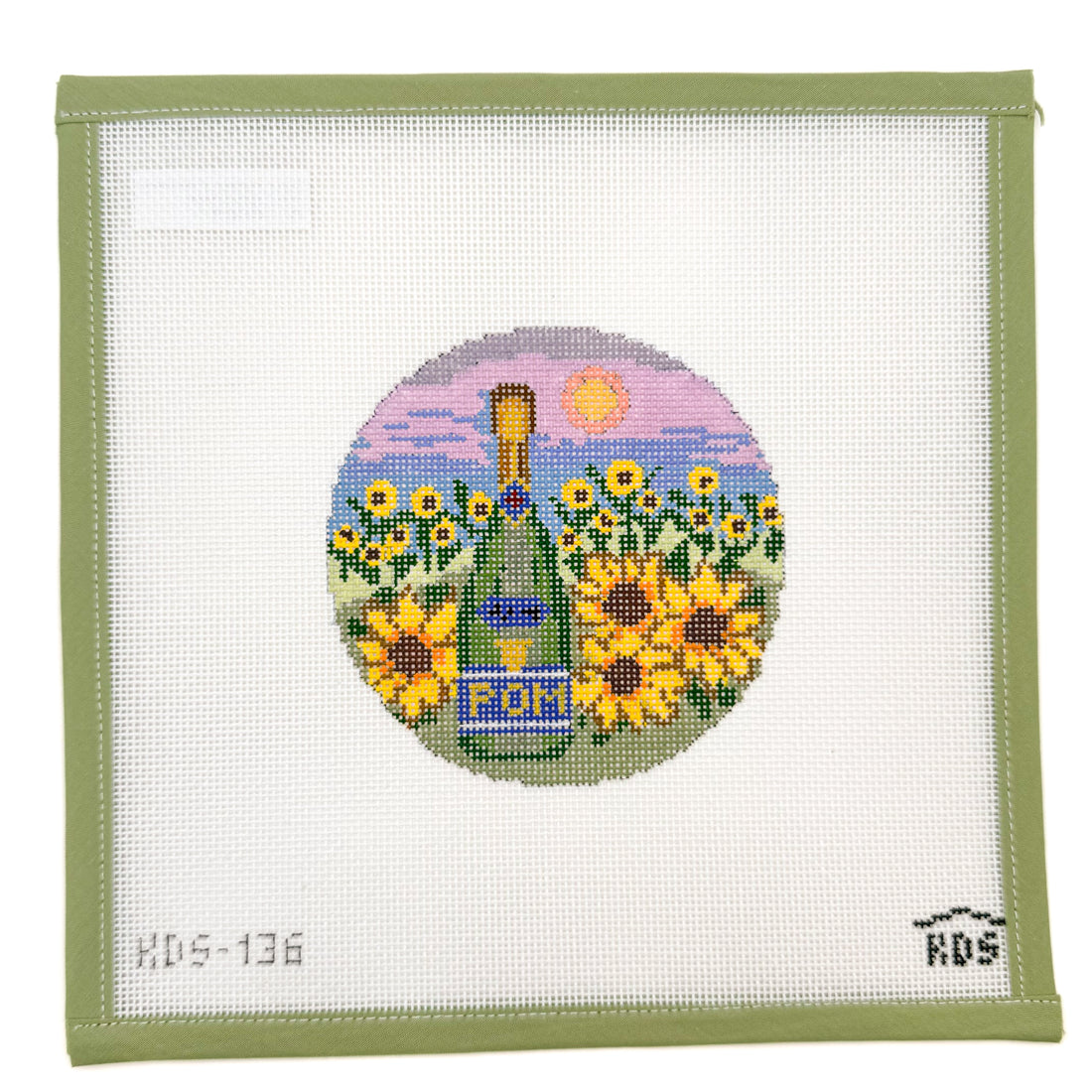 August Champagne Round and Stitch Guide needlepoint canvas by Gingham Stitchery, 18 mesh