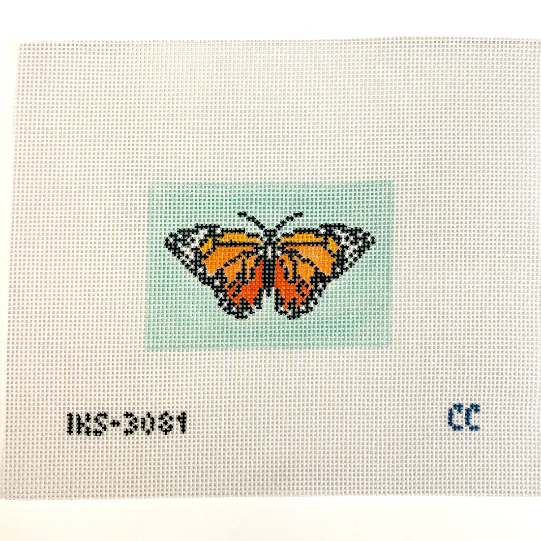 Monarch Bag Tag needlepoint canvas by Initial K, 18 mesh 
3” x 2”