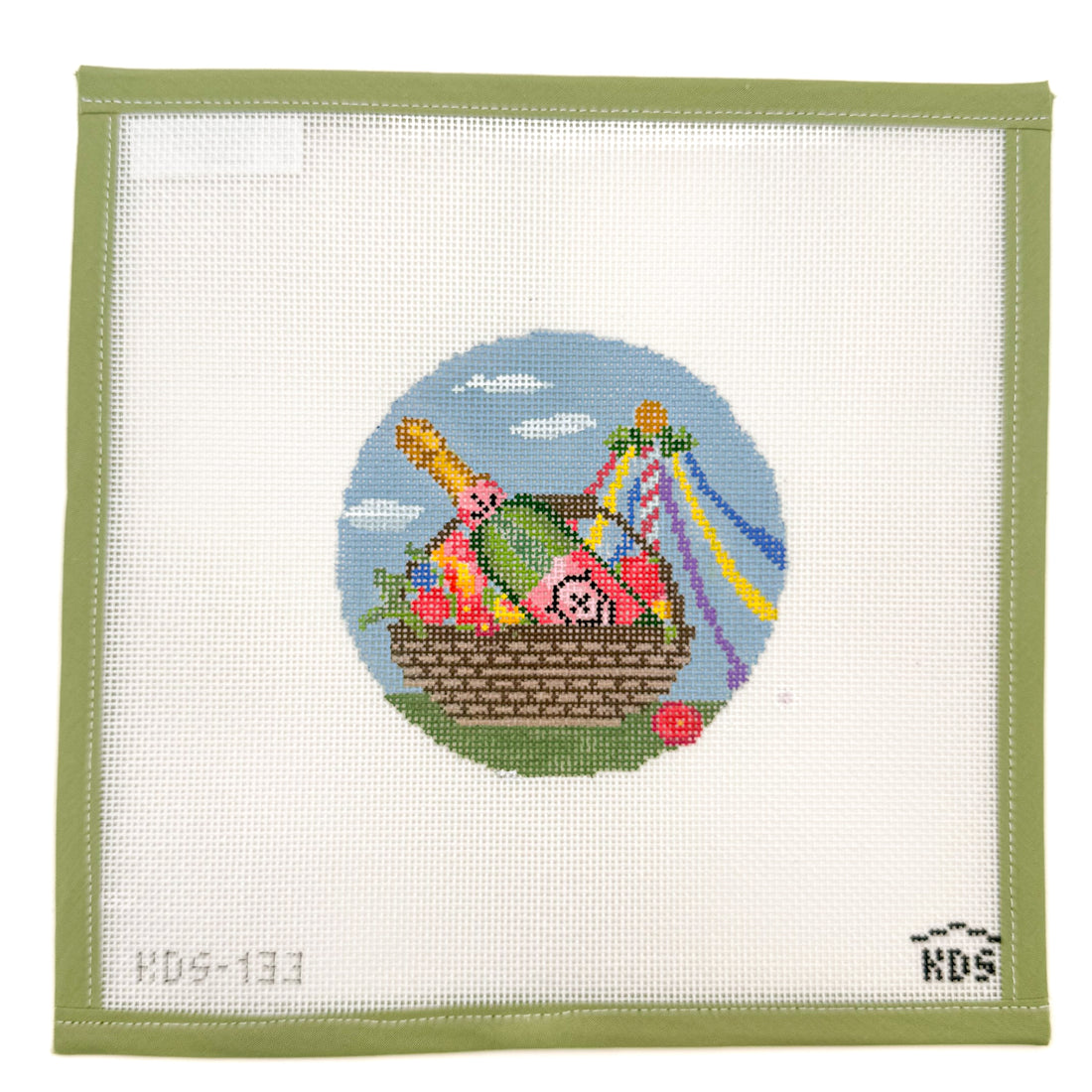 May Champagne Round and Stitch Guide needlepoint canvas by Gingham Stitchery, 18 mesh