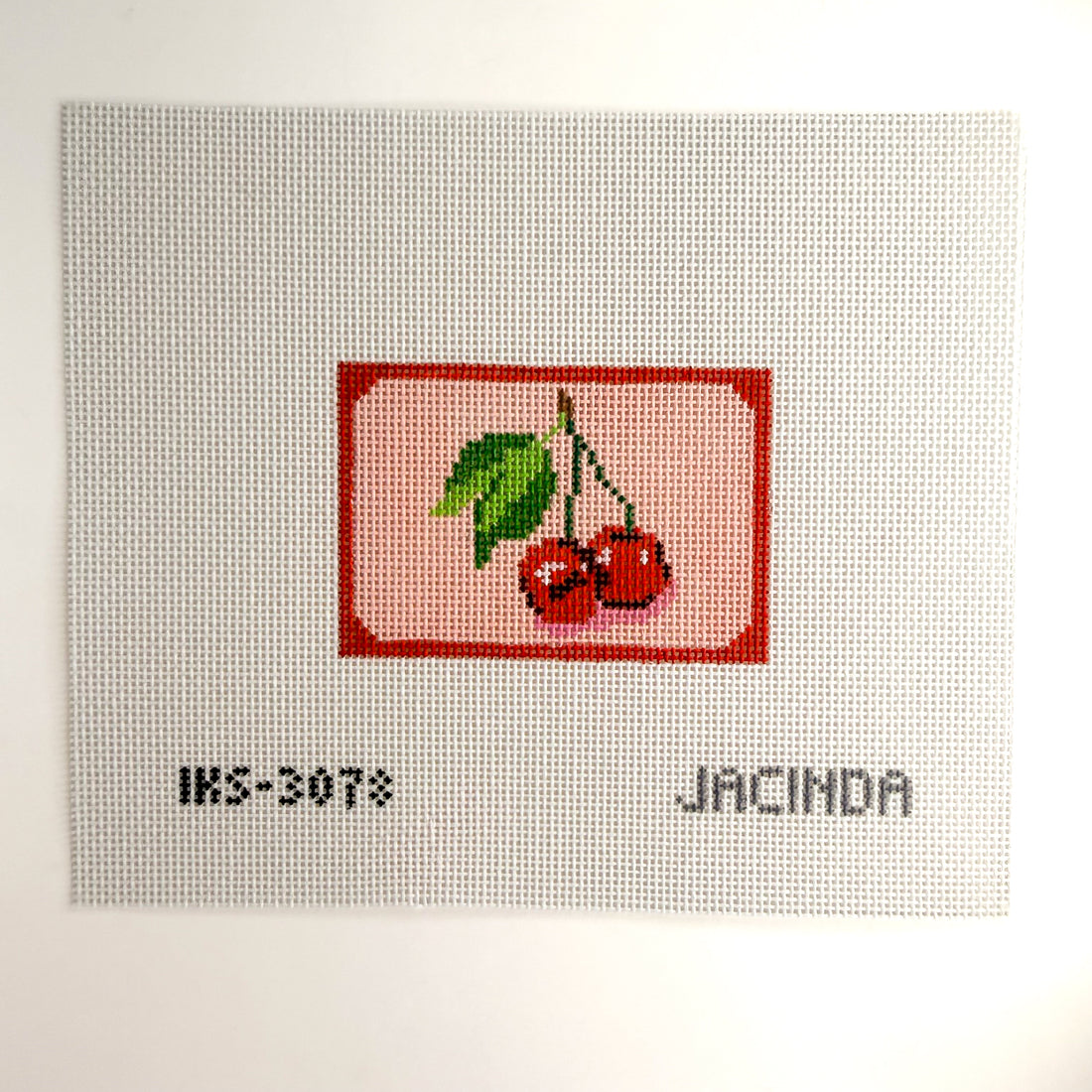 Cherry Bag Tag needlepoint canvas by Initial K, 18 mesh 
3” x 2”Â