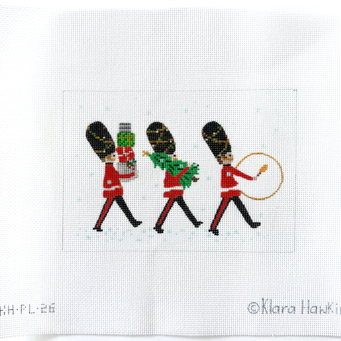 London Christmas - Marching Guardsman needlepoint canvas by Kate Dickerson, 18 mesh 
6.5" × 4.75"