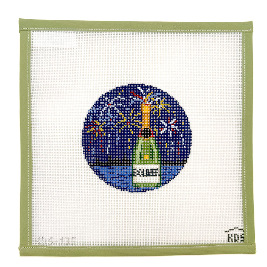 July Champagne Round and Stitch Guide needlepoint canvas by Gingham Stitchery, 18 mesh