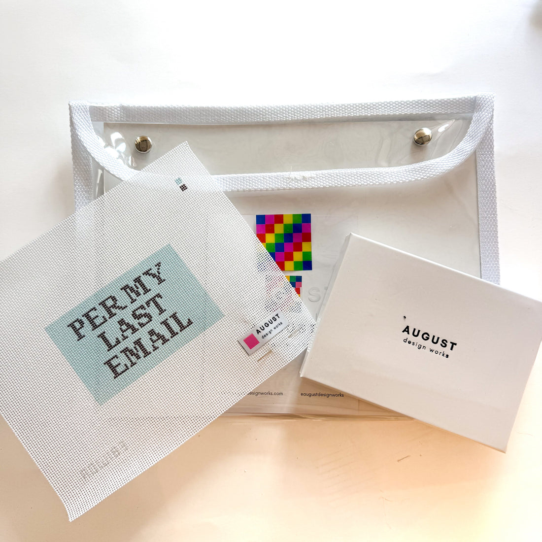 Per My Last Email - Paperweight Kit (EXCLUDES THREADS) needlepoint canvas by August Design Works, Handcrafted glass paperweight self-finishing kit (includes vinyl project bag, canvas, and self finshing paperweight) 

Canvas is 18 mesh, 3.75" x 2.25"