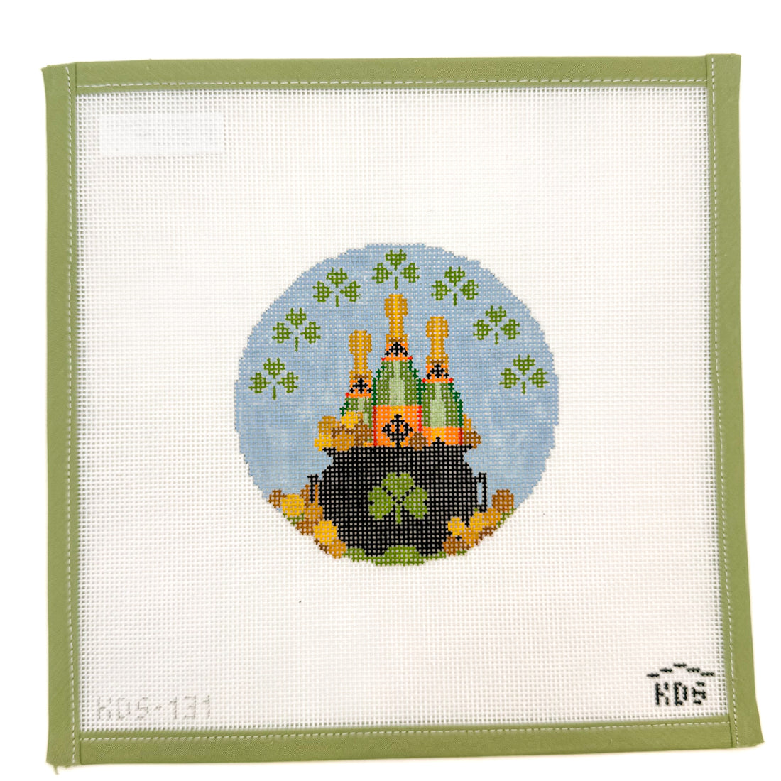 March Champagne Round and Stitch Guide needlepoint canvas by Gingham Stitchery, 18 mesh