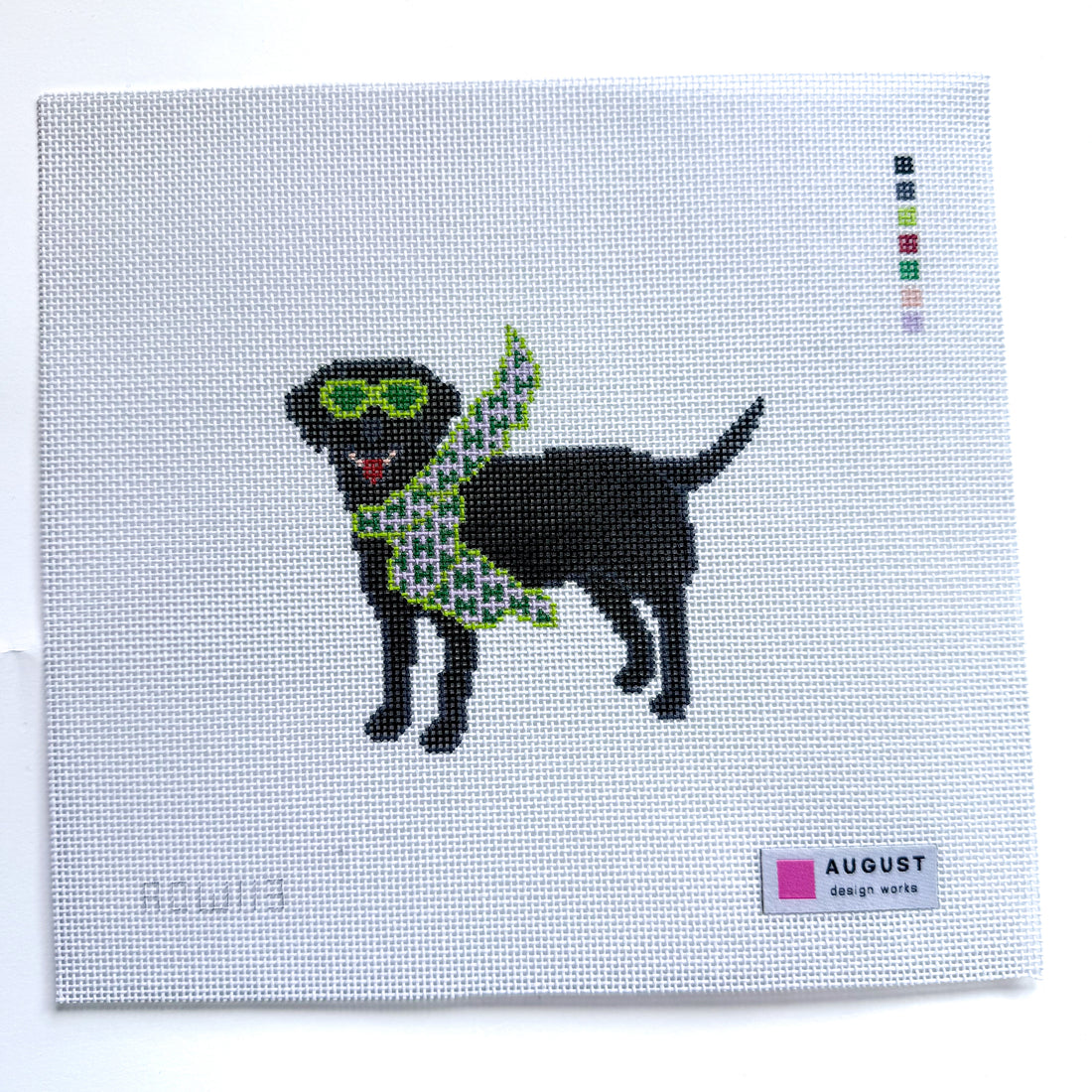 Bougie Black Lab needlepoint canvas by August Design Works, 18 mesh 

4" x 3.25"
