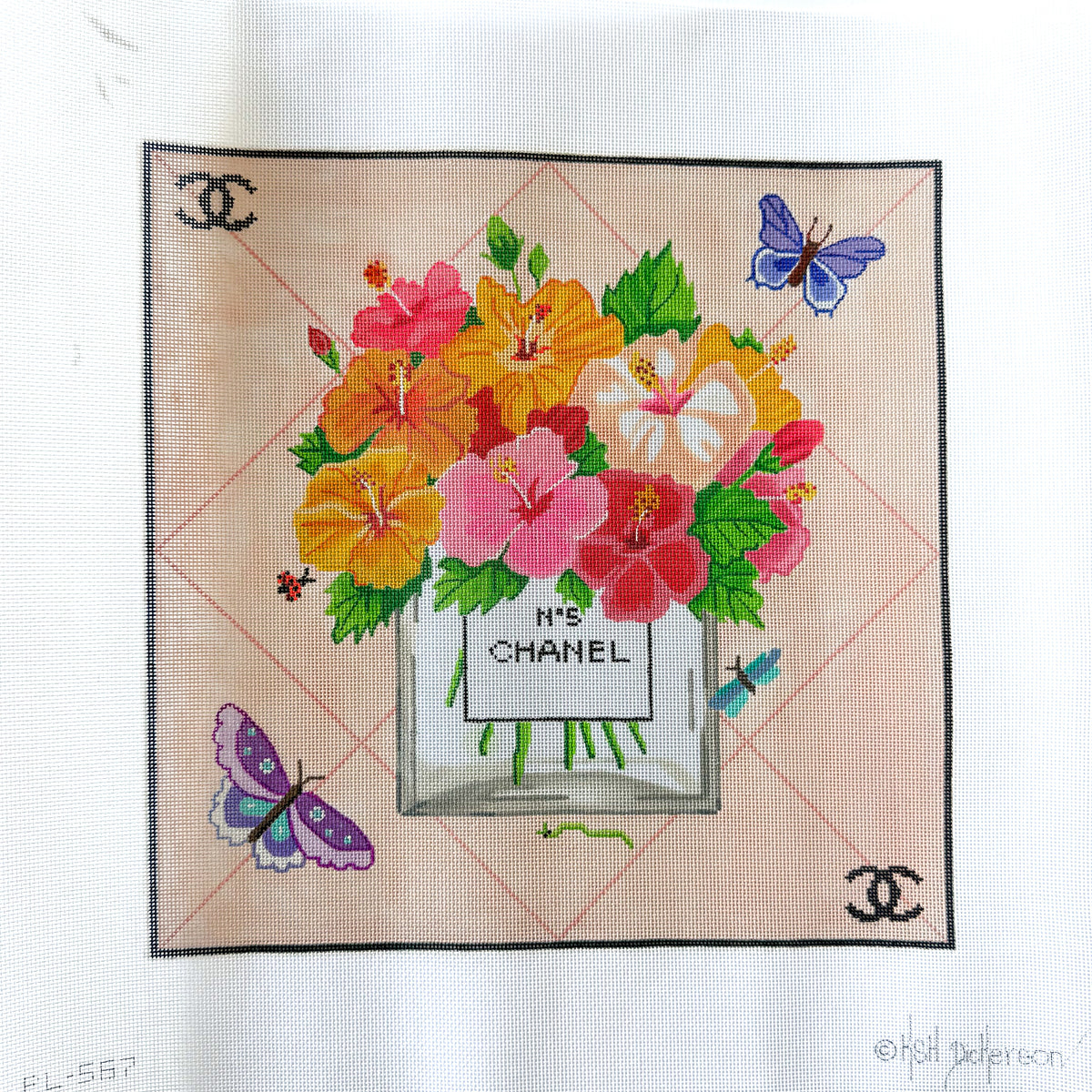 C Inspired Flowers in No. 5 Bottle needlepoint canvas by Kate Dickerson, 18 meshÂ 
12” x 12”