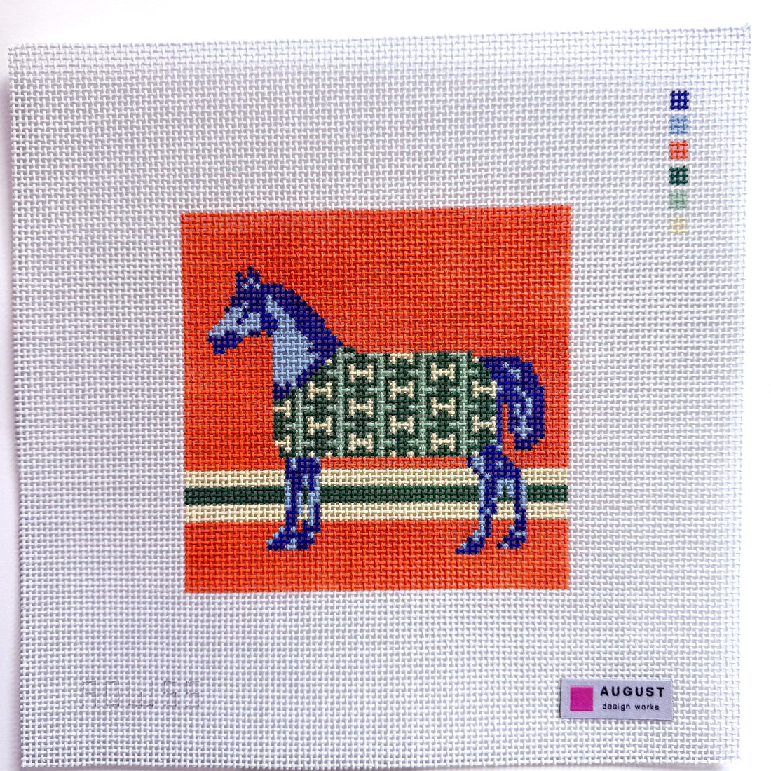 Blue "H" Coat Horse needlepoint canvas by August Design Works, 13 mesh 

5" x 5"