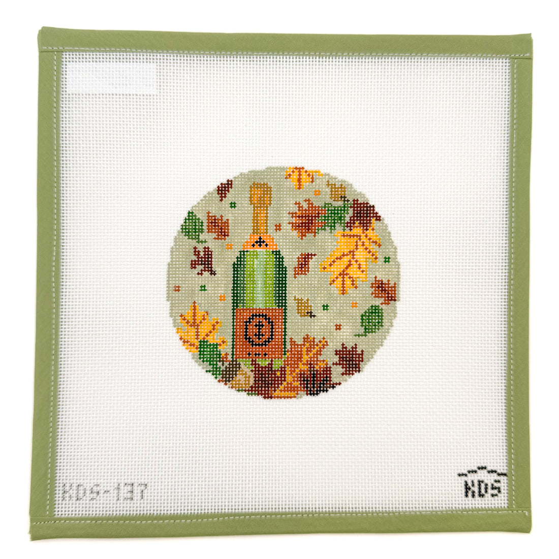 September Champagne Round and Stitch Guide needlepoint canvas by Gingham Stitchery, 18 mesh