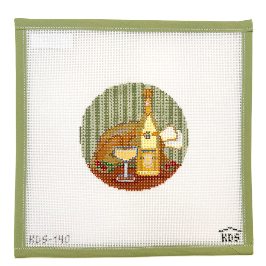 November Champagne Round and Stitch Guide needlepoint canvas by Gingham Stitchery, 18 mesh