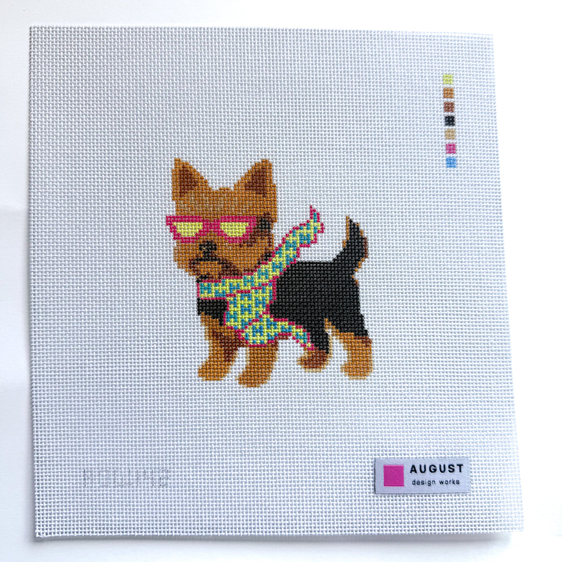 Bougie Yorkie needlepoint canvas by August Design Works, 18 mesh 

3" x 3.5"