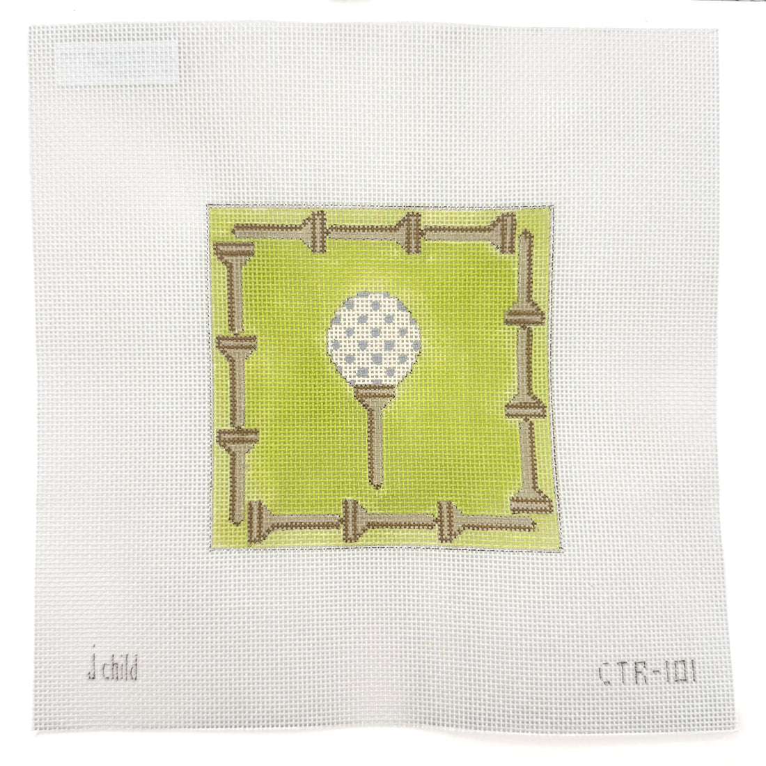 Golf Ball on Tee needlepoint canvas by J Childs, 18 mesh 
4" square