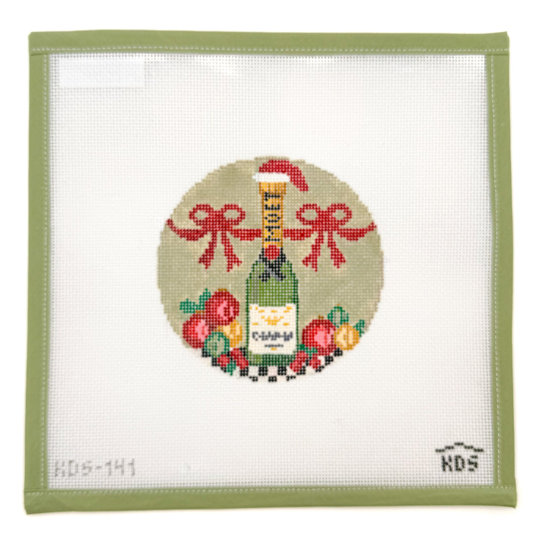 December Champagne Round and Stitch Guide needlepoint canvas by Gingham Stitchery, 18 mesh
