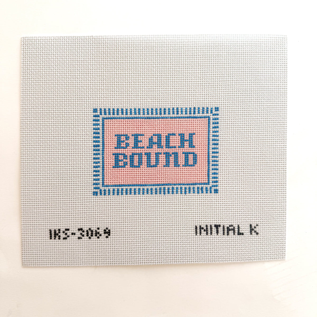Beach Bound Bag Tag needlepoint canvas by Initial K, 18 mesh 
3” x 2”Â