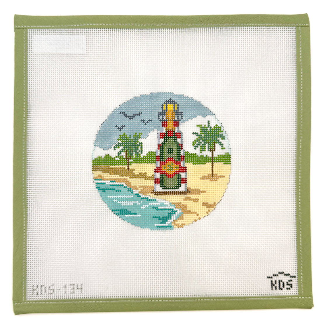 June Champagne Round and Stitch Guide needlepoint canvas by Gingham Stitchery, 18 mesh