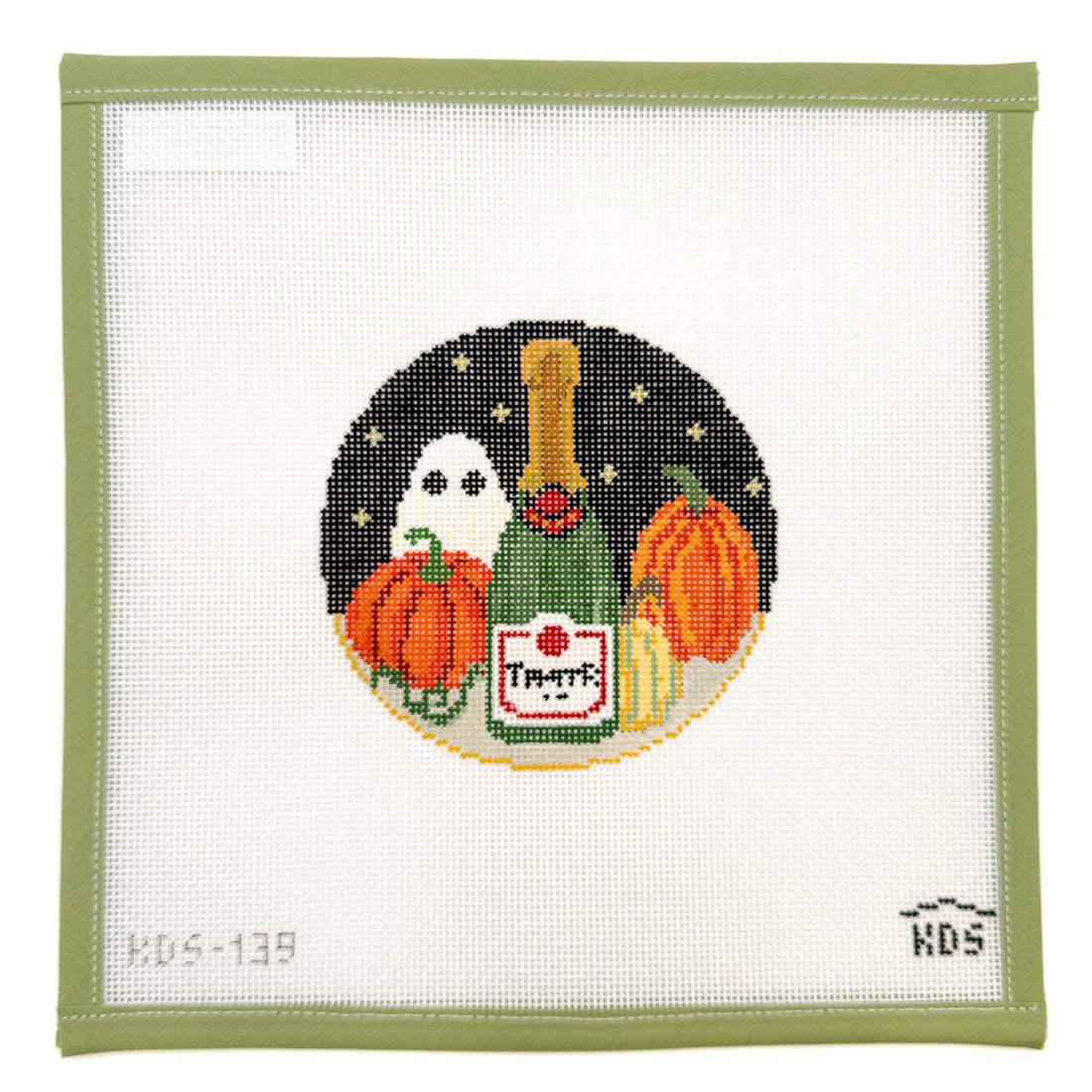 October Champagne Round and Stitch Guide needlepoint canvas by Gingham Stitchery, 18 mesh