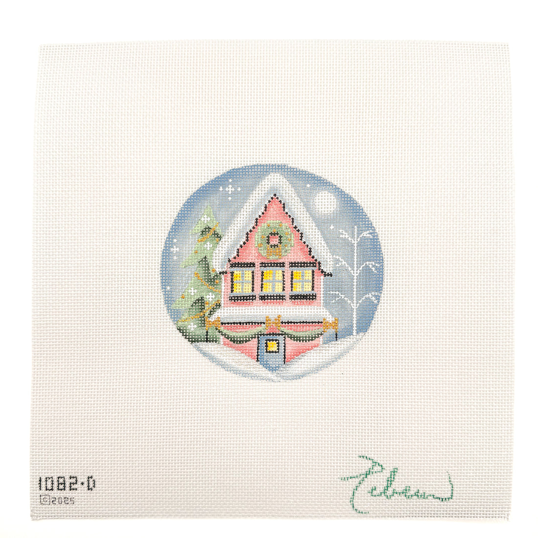Pink Cottage needlepoint canvas by Rebecca Wood, 18 mesh

4" round