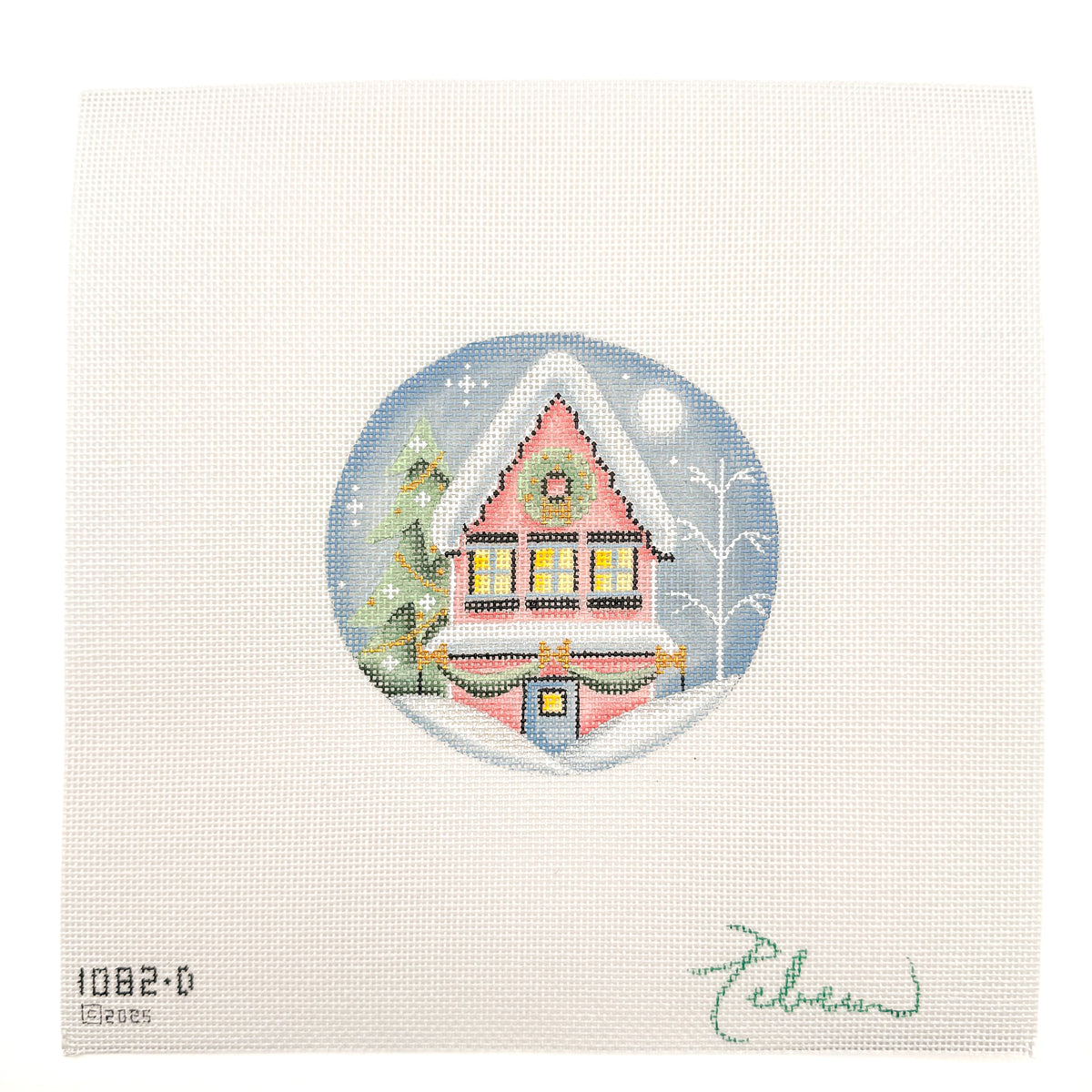 Pink Cottage needlepoint canvas by Rebecca Wood, 18 mesh

4" round