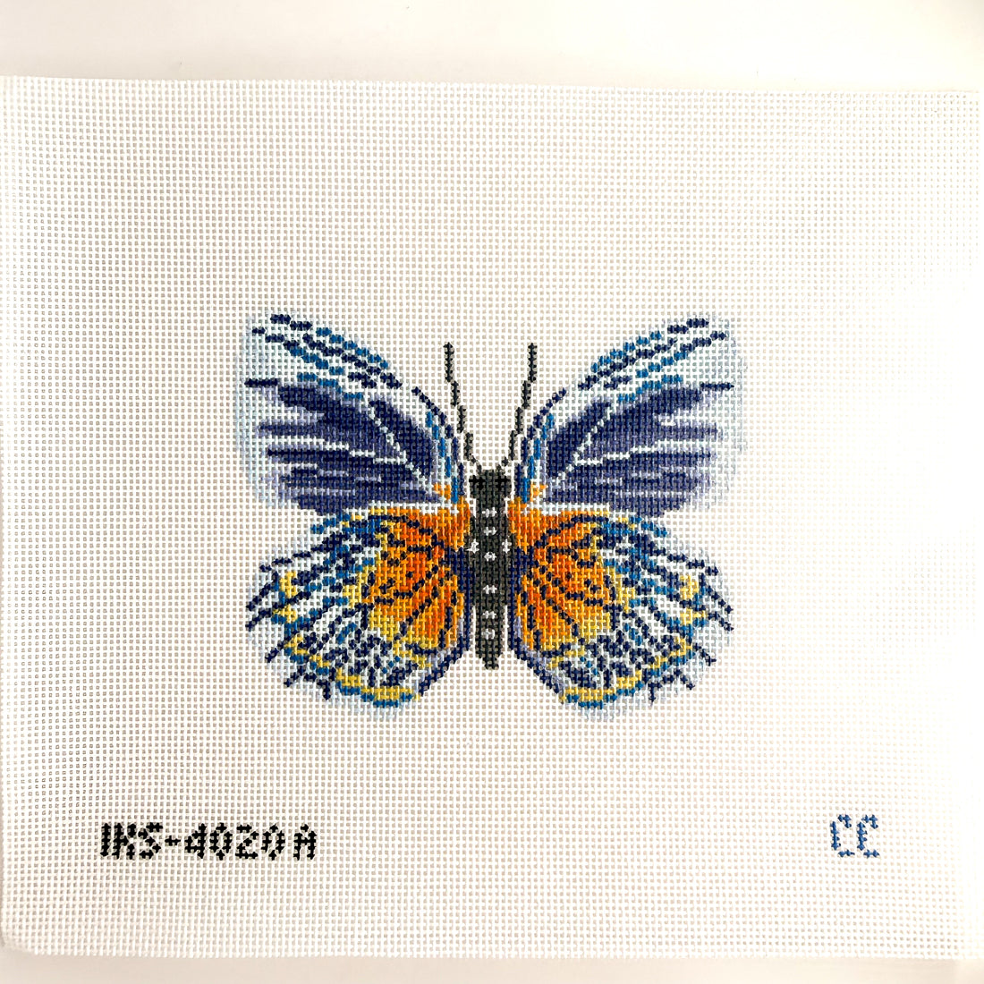 Butterfly Ornament, Blue Autumn needlepoint canvas by Initial K, 18 mesh 

4.7" x 2.5"