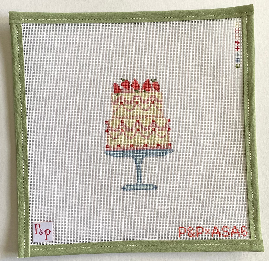 Pink birthday cake with strawberries on 18 mesh canvas - needlepoint canvas